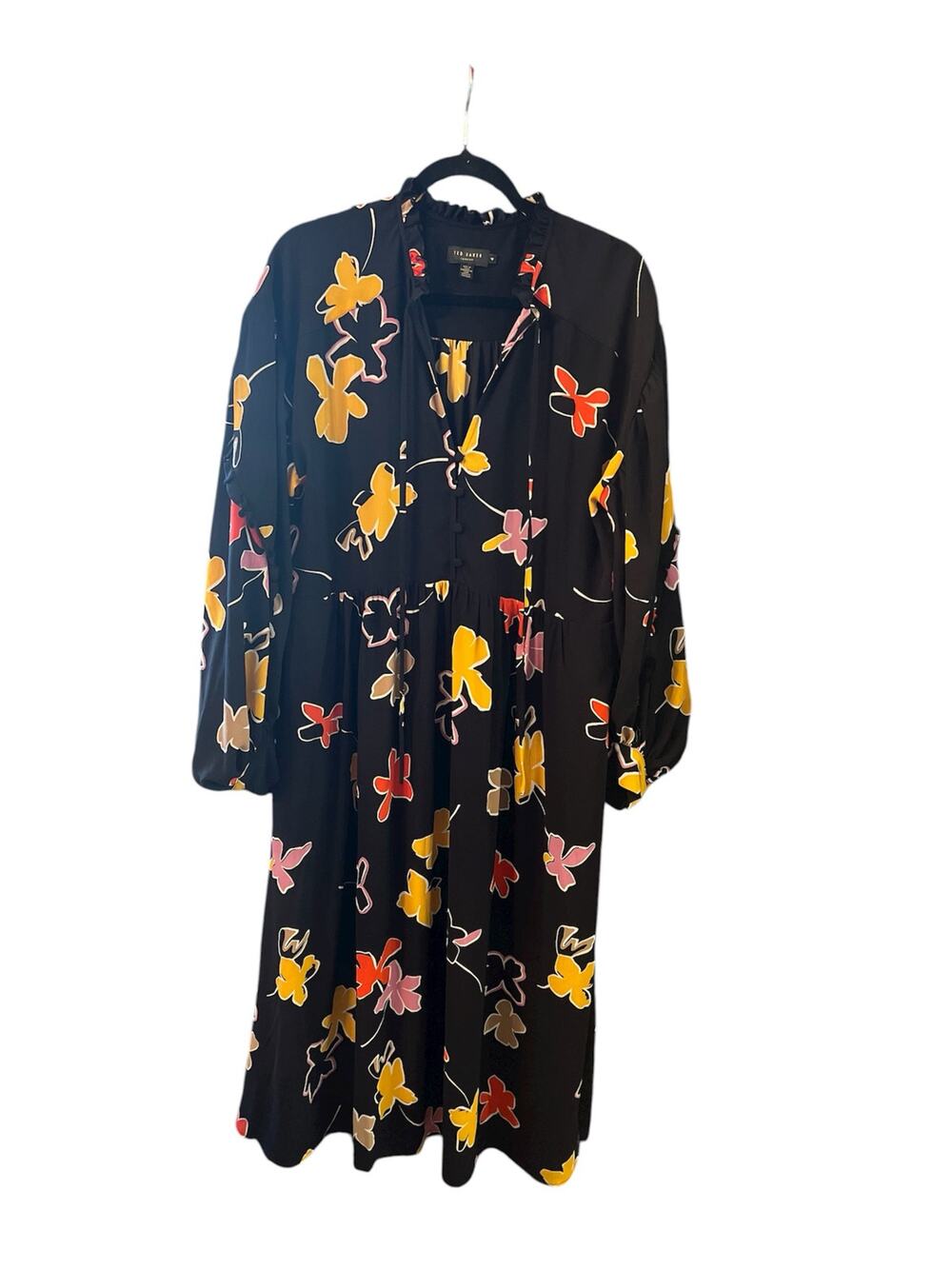Ted Baker Yviee Chuck Ruffle Long Sleeve Floral Midi Dress size 4